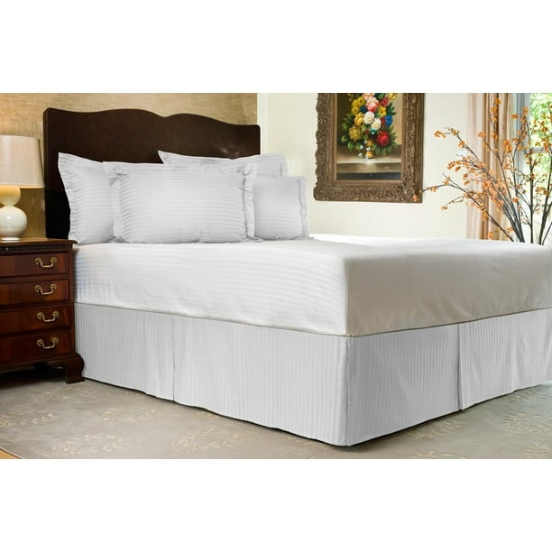 Pleated BedSkirt Full XL Size Stripe White Luxury Double Brushed 100