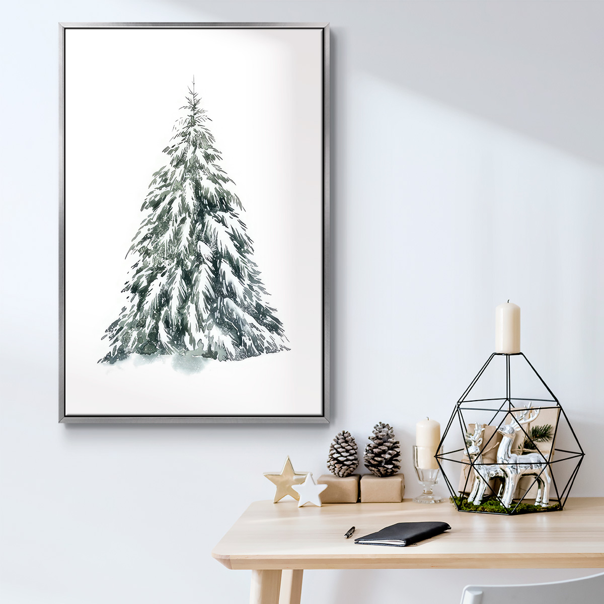 Blue Spruce I - Framed Gallery Wrapped Holiday Canvas - 25 x 37 - Silver Frame