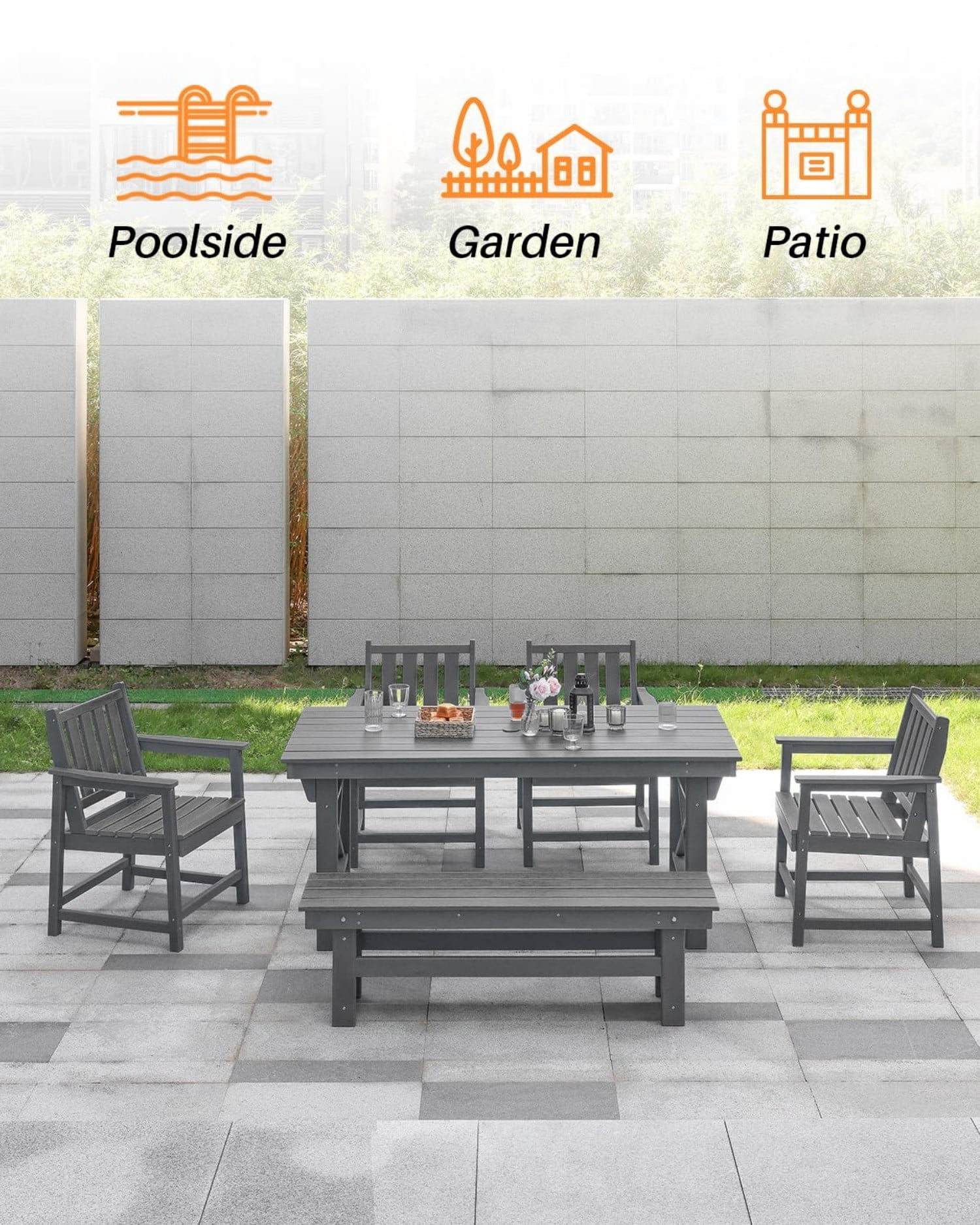 HDPE Outdoor Dining Table for 6, 66.9" Rectangle Patio Dining Table with 2.2" Umbrella Hole, All Weather HDPE Outdoor Table for Backyard, Deck, Garden, Poolside, Smoke Gray