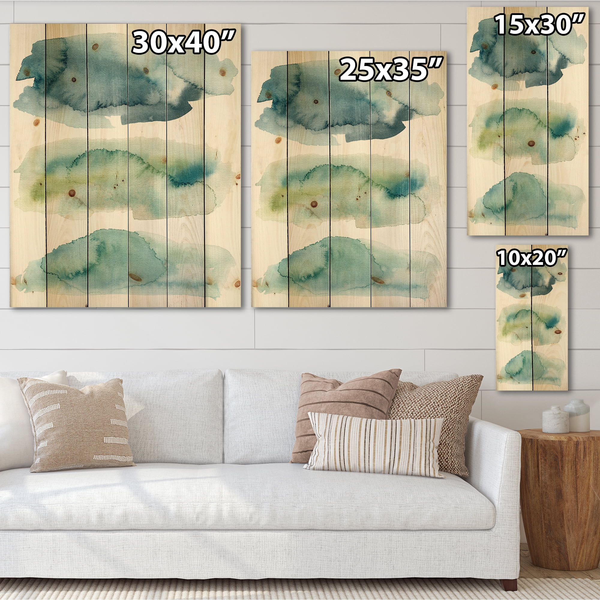 Designart 'Green and Blue Clouds' Modern Print on Natural Pine Wood