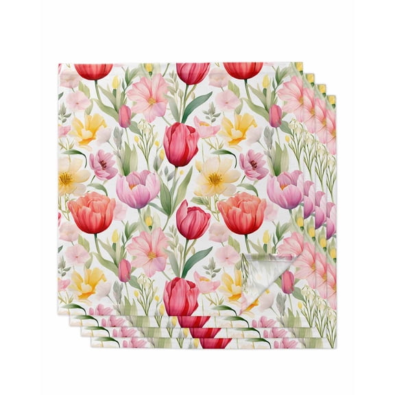 Spring Tulip Cloth Napkins Washable Set of 4, Summer Floral Botanical Elegant Reusable Dinner Table Napkins Cloth Bulk for Weddings Kitchen Restaurants Hotel Events Parties 20 x 20 Inch