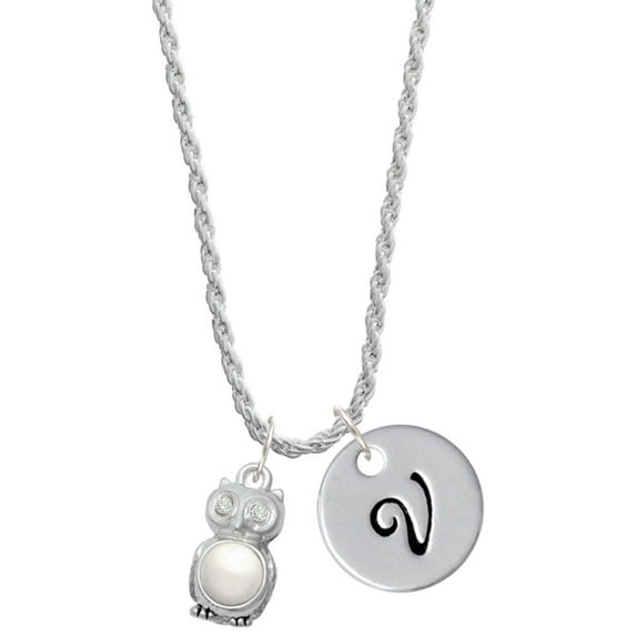 Delight Jewelry Silvertone 3-D Imitation Pearl & Clear Crystal Owl Silvertone Script Initial Disc - V - Charm Necklace, 20"+3"