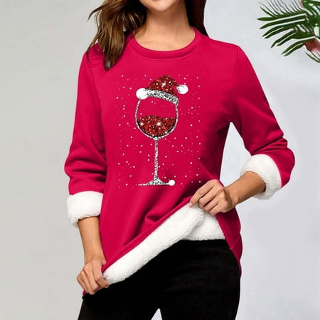 

Muscularfit Tunic Tops for Women Trendy Pink Crew Neck Christmas Long Sleeve Fleece Wine Glass Warm Slim Shirts