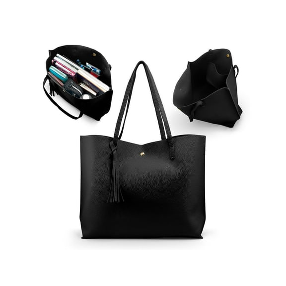 Zhuge Women Tote Bag Tassels Leather Shoulder Handbags Fashion Ladies Purses Satchel Messenger Bags - Black