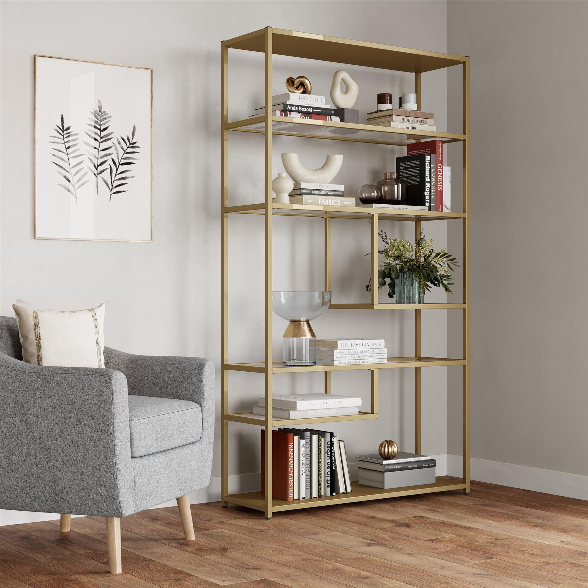 DHP Moriah Bookcase Etagere, Living Room & Home Office, Brass