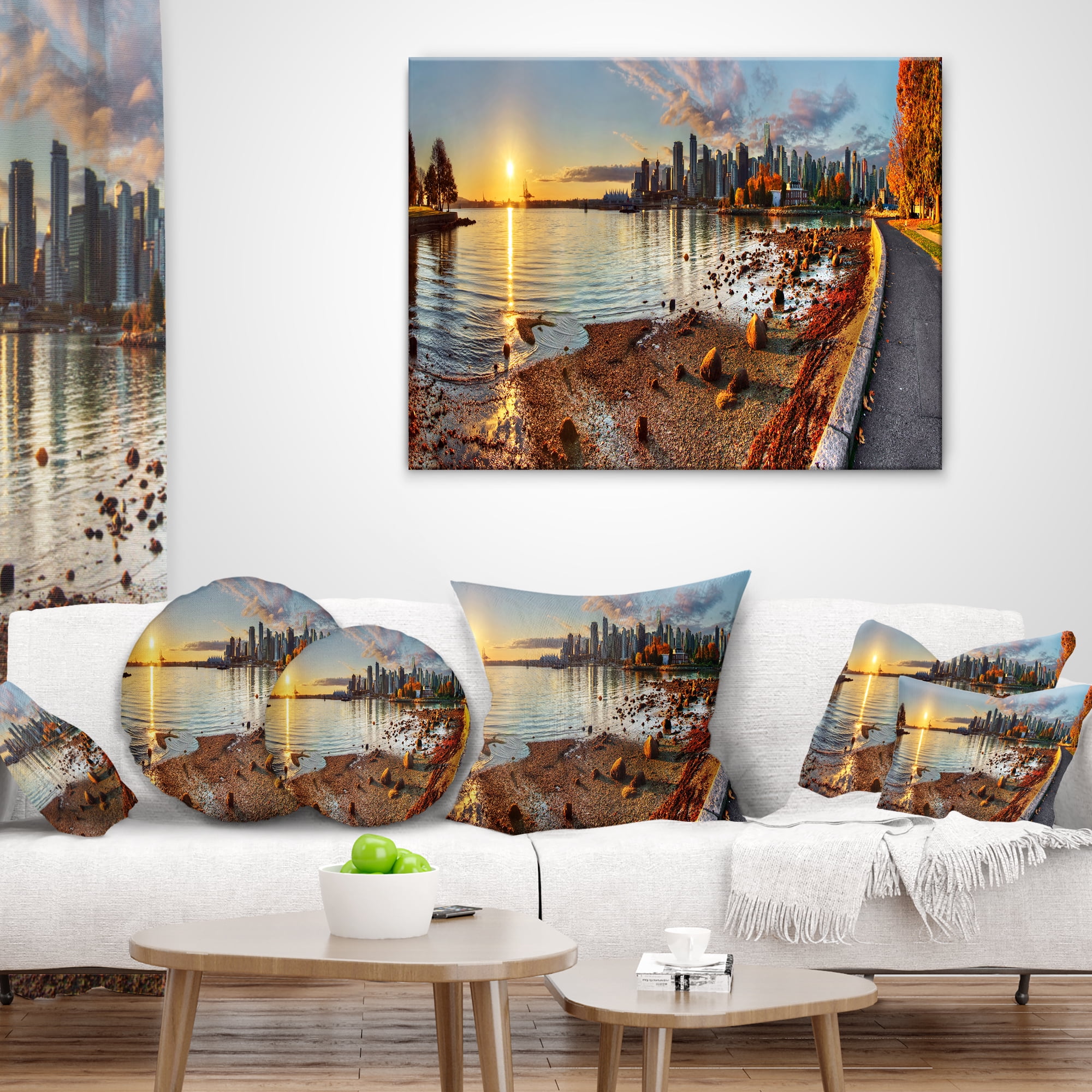 Designart Vancouver Downtown Panorama - Landscape Printed Throw Pillow - 12x20