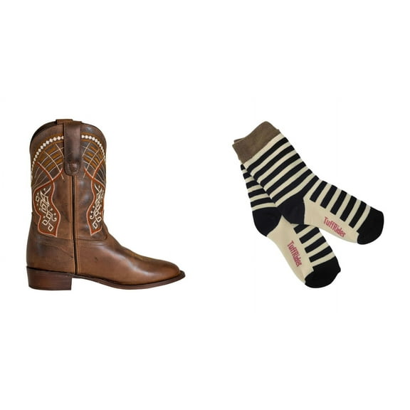 TuffRider Toddler's Yukon Square Toe Western Boot- Brown- 7T With Free Assorted Striped Socks