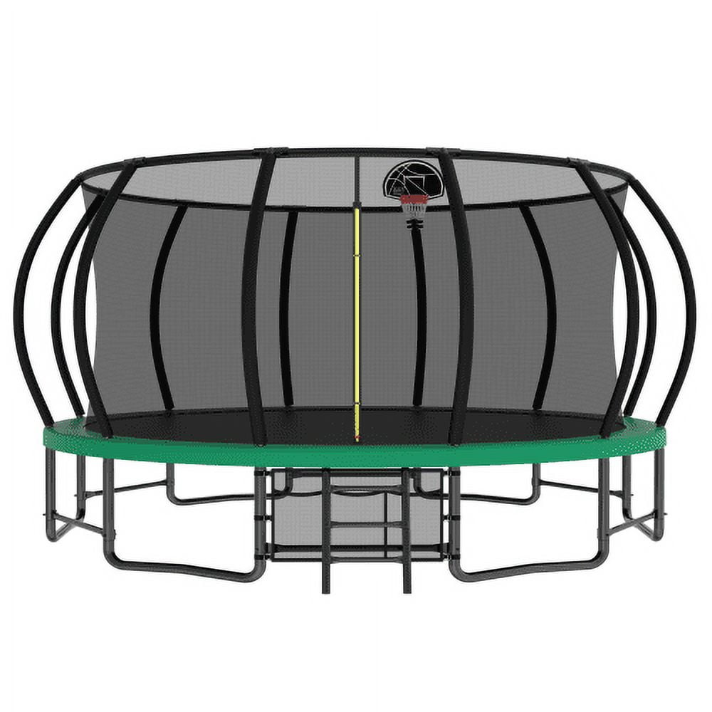 16FT Trampoline for Kids and Adults,Outdoor Pumpkin Trampolines with Curved Poles,Heavy Duty Trampoline with Ladder and Basketball Hoop,Green