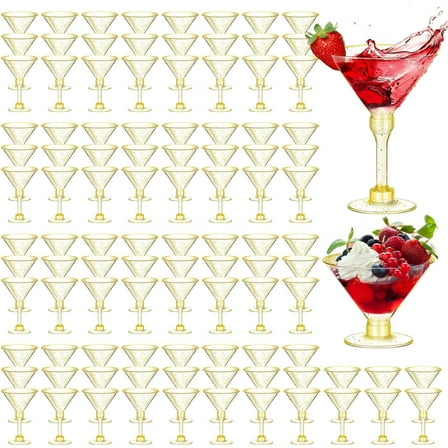 YSTDHL 50 Pcs Plastic Martini Glasses 5 oz Gold Glitter Disposable Cocktail Glasses Tall Appetizer Dessert Cups Unbreakable Wine Shooter Glasses for Margarita Wine Champagne Ice Cream