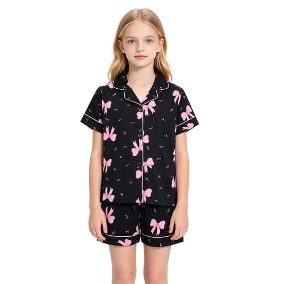 SJLDQY Big Girls Button Down Pajama Sets Short Sleeve Shirts Shorts 2 Piece Pjs Sets Summer Sleepwear Cute Loungewear Sets for Girls