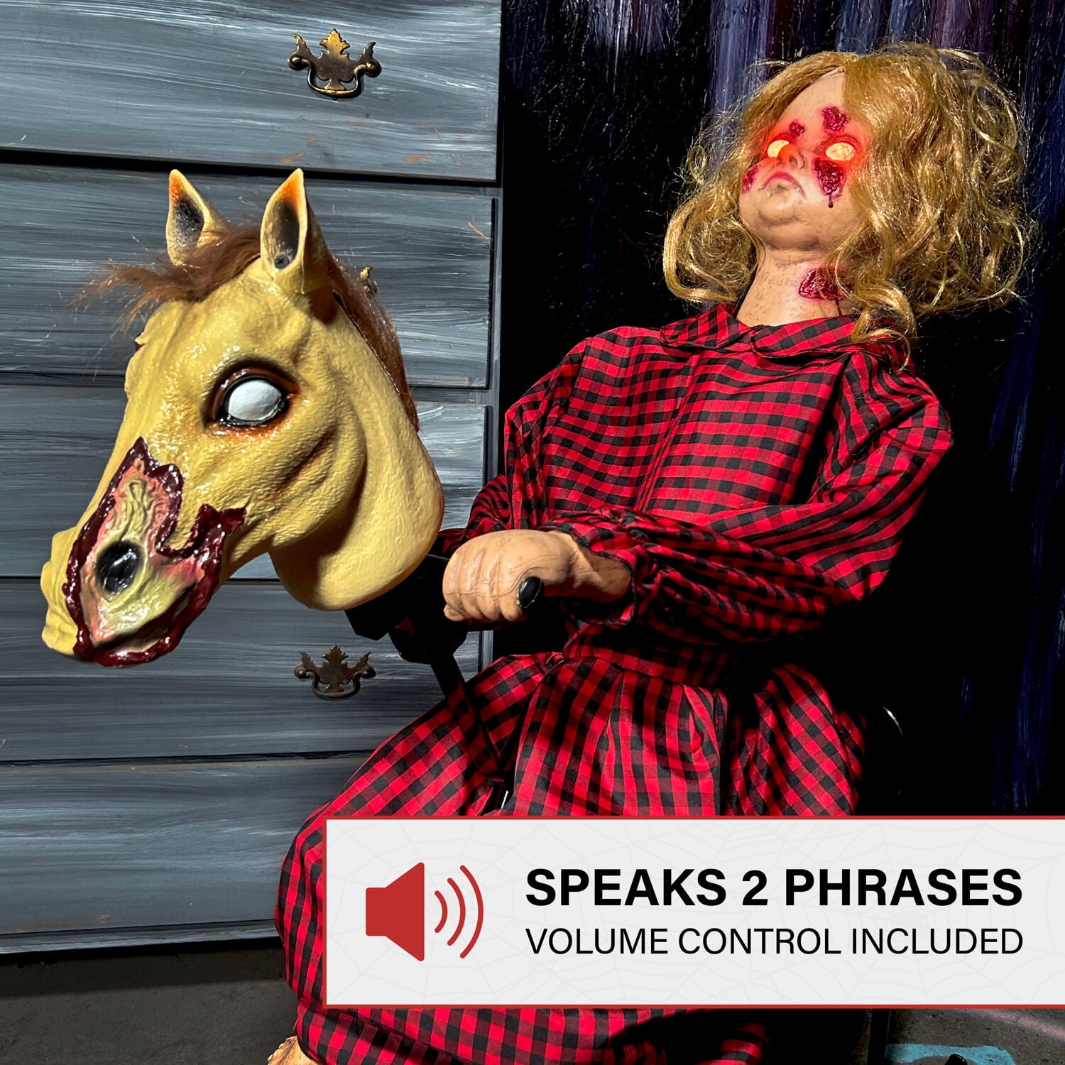Haunted Hill Farm Animatronic Rocking Horse Girl, Indoor / Covered Outdoor, 3.2-Ft.