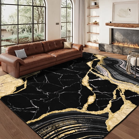 Bleum Cade 5'x7' Area Rugs for Living Room, Marble Swirl Abstract Rug Ultra Soft Washable Rugs for Bedroom, Anti Slip Durable Carpet Home Decor for Dining Room,Black Gold