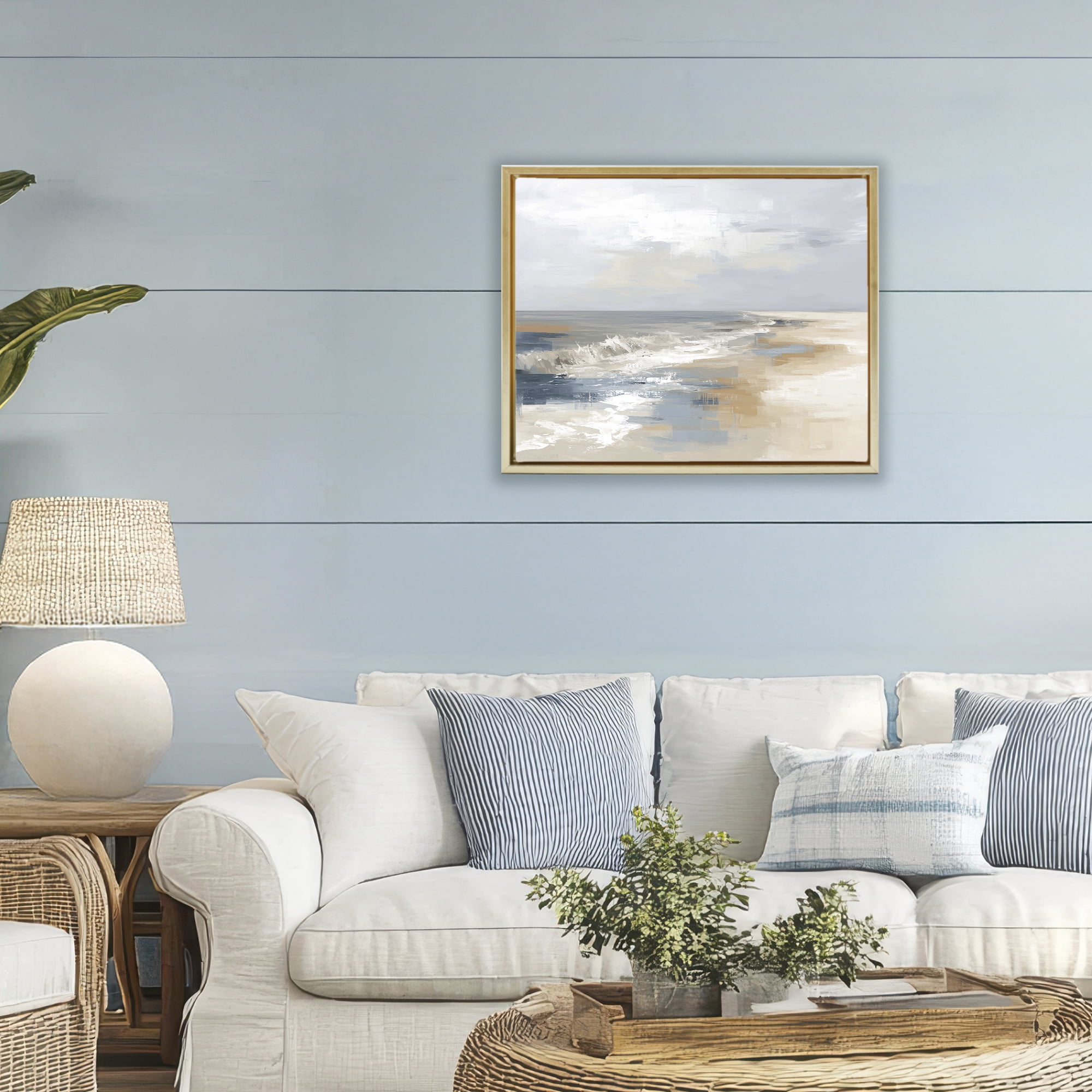 Stupell Industries Tranquil Beach in Neutrals Gold Framed Floater Canvas Wall Art, design by Kim Curinga