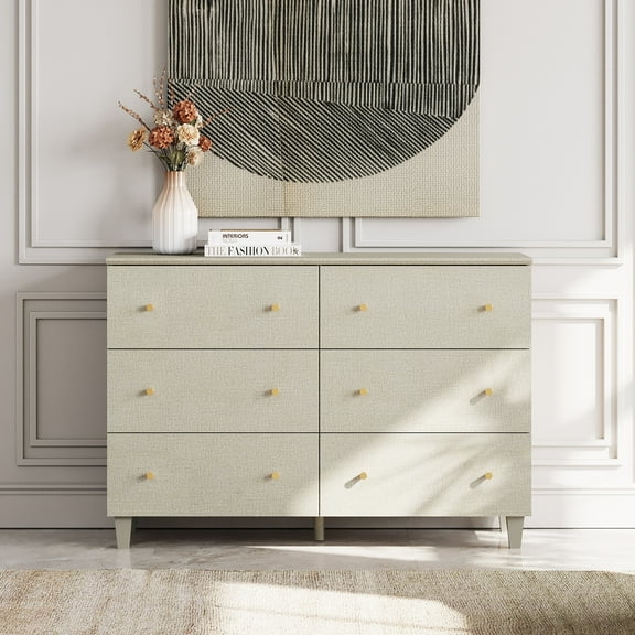 WAMPAT Dresser with 6 Drawers for Bedroom, Modern Wood Wide Double Dressers with Chest of Drawers, Beige