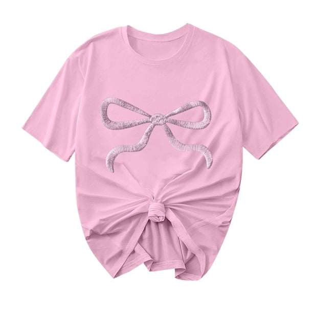 Primavera Top Mujeres Moda Casual Nueva Cinta de Arco Impresa Cuello Redondo Camiseta de Manga Corta, Camiseta de Cuello Tripulado