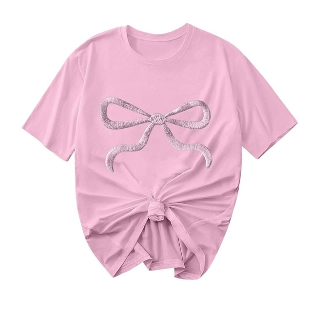 Primavera Top Mujeres Moda Casual Nueva Cinta de Arco Impresa Cuello Redondo Camiseta de Manga Corta, Camiseta de Cuello Tripulado