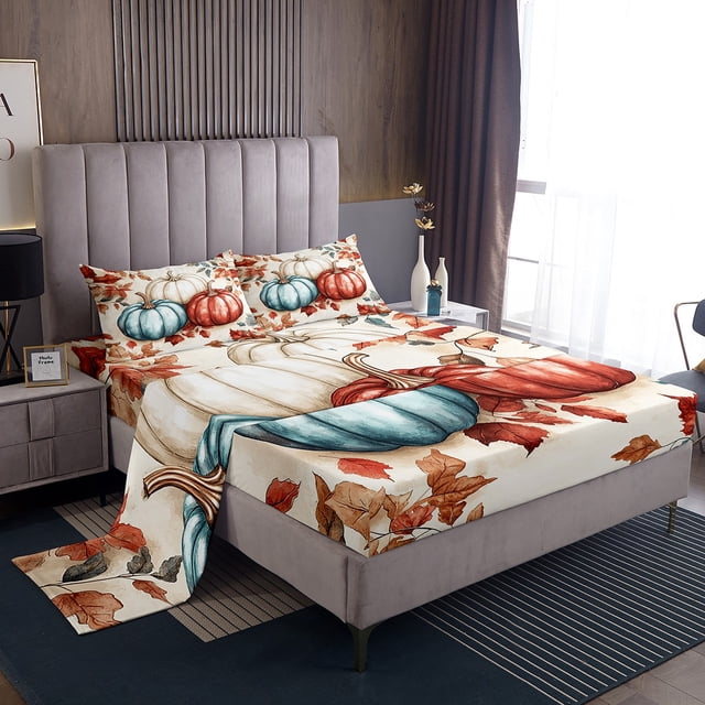 Ensemble de Draps pour Enfants avec Citrouilles et Feuilles d'Automne, Draps de Ferme avec Citrouilles de l'Action de Grâce, Décorations d'Automne pour la Maison, Ensemble de Draps de Lit Récolte d'Automne Grand Lit avec 2 Taies d'Oreiller (Citrouilles Bleues)