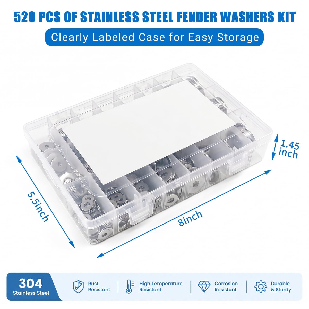 Fender Washers SAE+Metric 23 Sizes Flat Washers Assortment Set 304 Stainless Steel Assorted Hardware Washers Kit for Bolts 520 Pcs