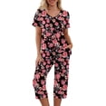 thumbnail image 3 of Womens Pajamas Sets Short Sleeve V Neck Top with Capri Pants with Pockets Casual Sleepwear Two Piece Summer Sets S-XXL, 3 of 8