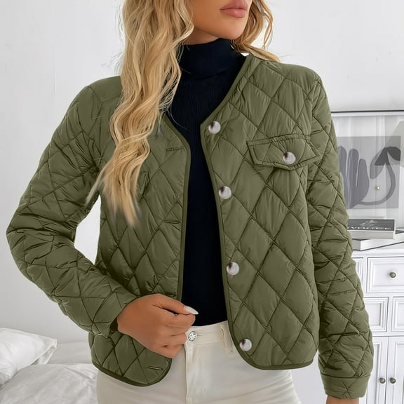 WMTBSRSW Womens Fashion Quilted Cropped Coat Lightwieght V Neck Button Down Cardigan Jackets Winter Warm Puffer Short Outwear Green XX-Large