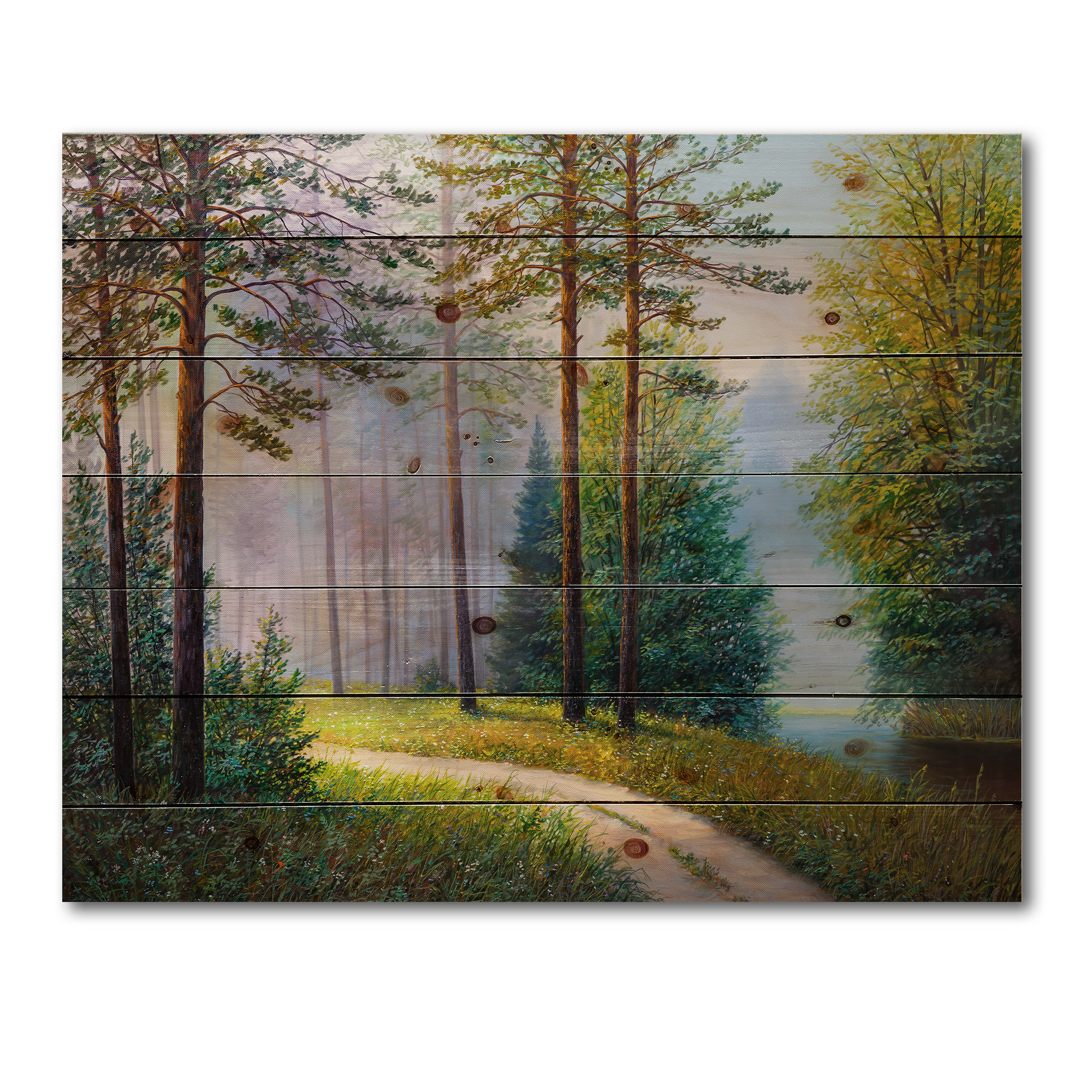 Designart 'Subtle Sunset Light Through The Trees II' Lake House Print on Natural Pine Wood