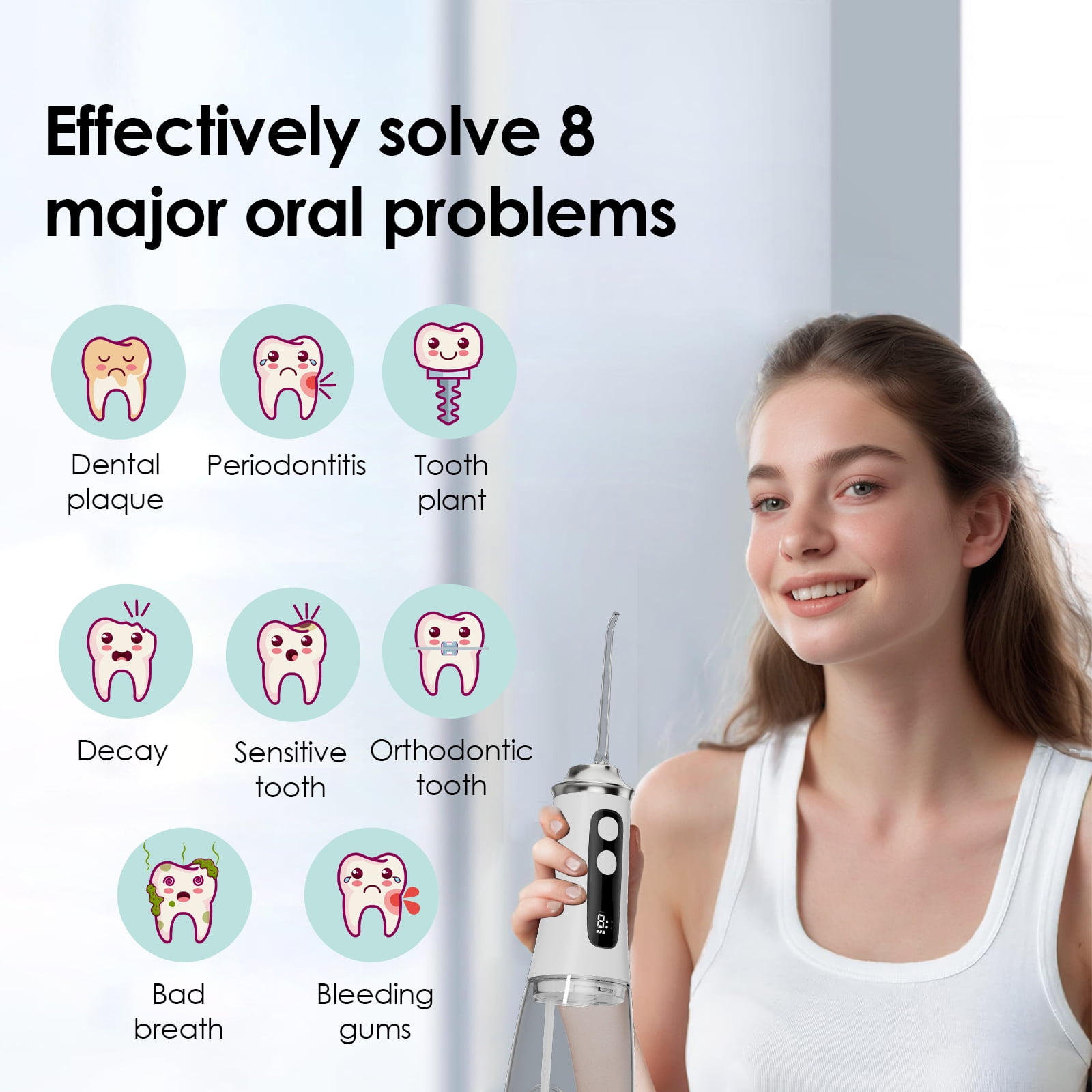 Hooyapik Cordless Water Flosser 300ml 9 Modes Adjustable Pressure for Gum & Braces, 4 Tips, White