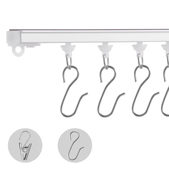 9.9 FT Ceiling Curtain Track System,Self-Adhesive,No-Drill Installation for Curtains and Room Dividers,Ceiling-Mounted Track with Hooks and Hardware,White