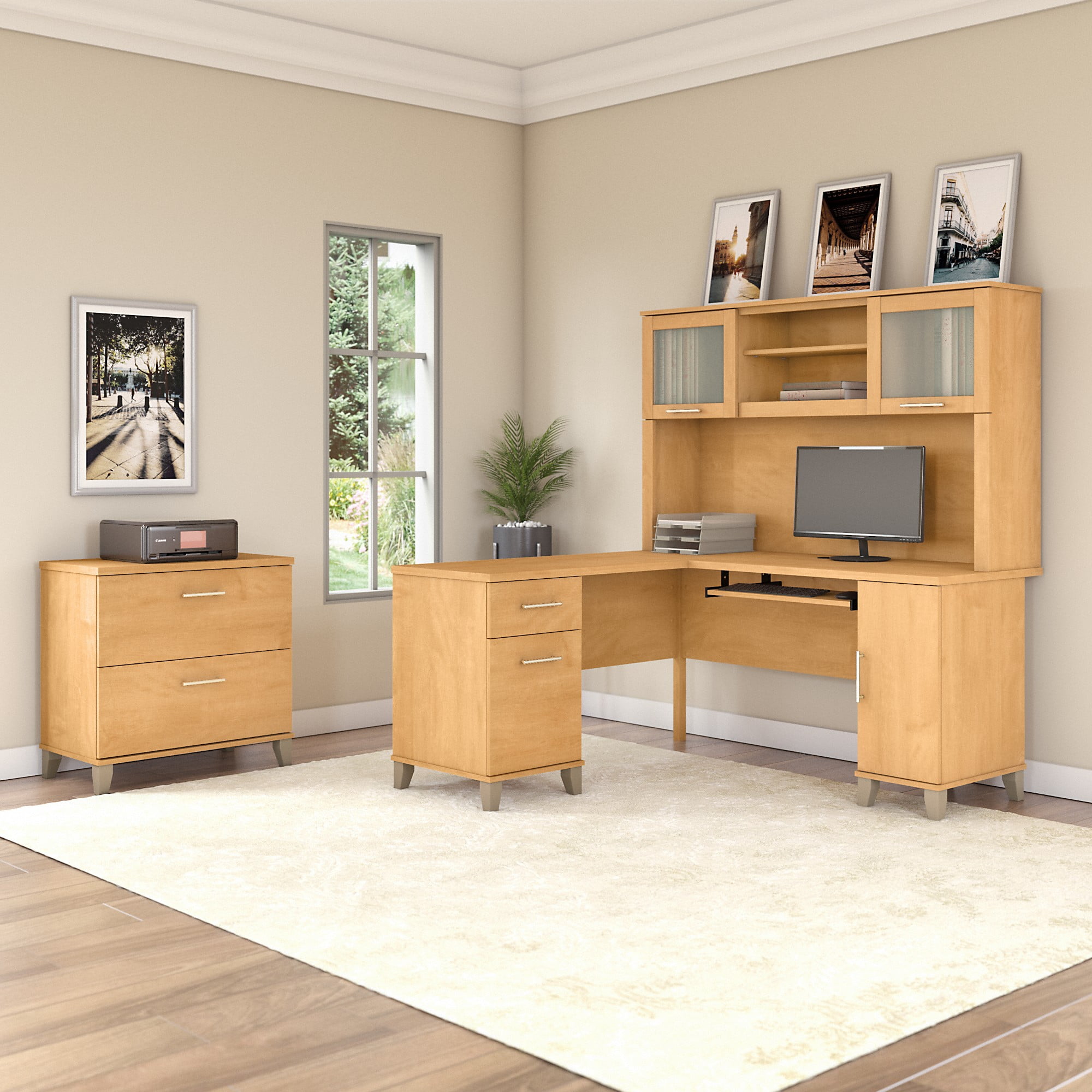 Bush Furniture Somerset 60" L Shaped Desk with Storage, Maple Cross