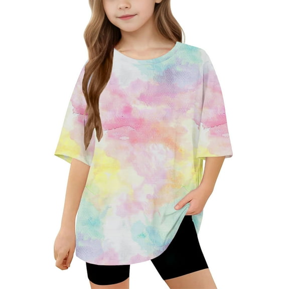 Girls Oversized Tie Dye Tshirts Summer Half Sleeve T Shirts Loose Graphic Tees Long Tunic Tops to Wear with Leggings Multicolor， 6 Years