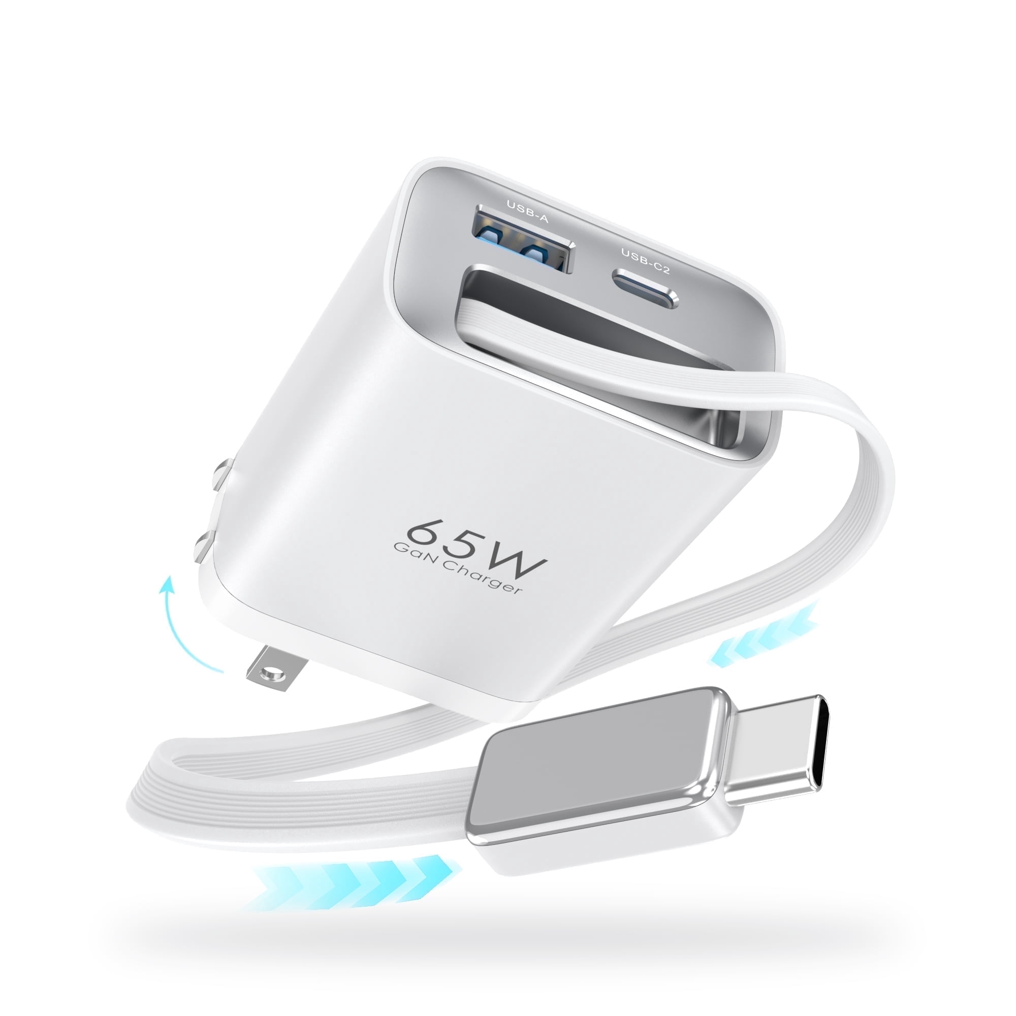 Topadre 65W GaN Charger with Built-in 3.5ft Retractable Cable, 3-Port PD Fast Charging Compatible with iPhone/Samsung Series -White