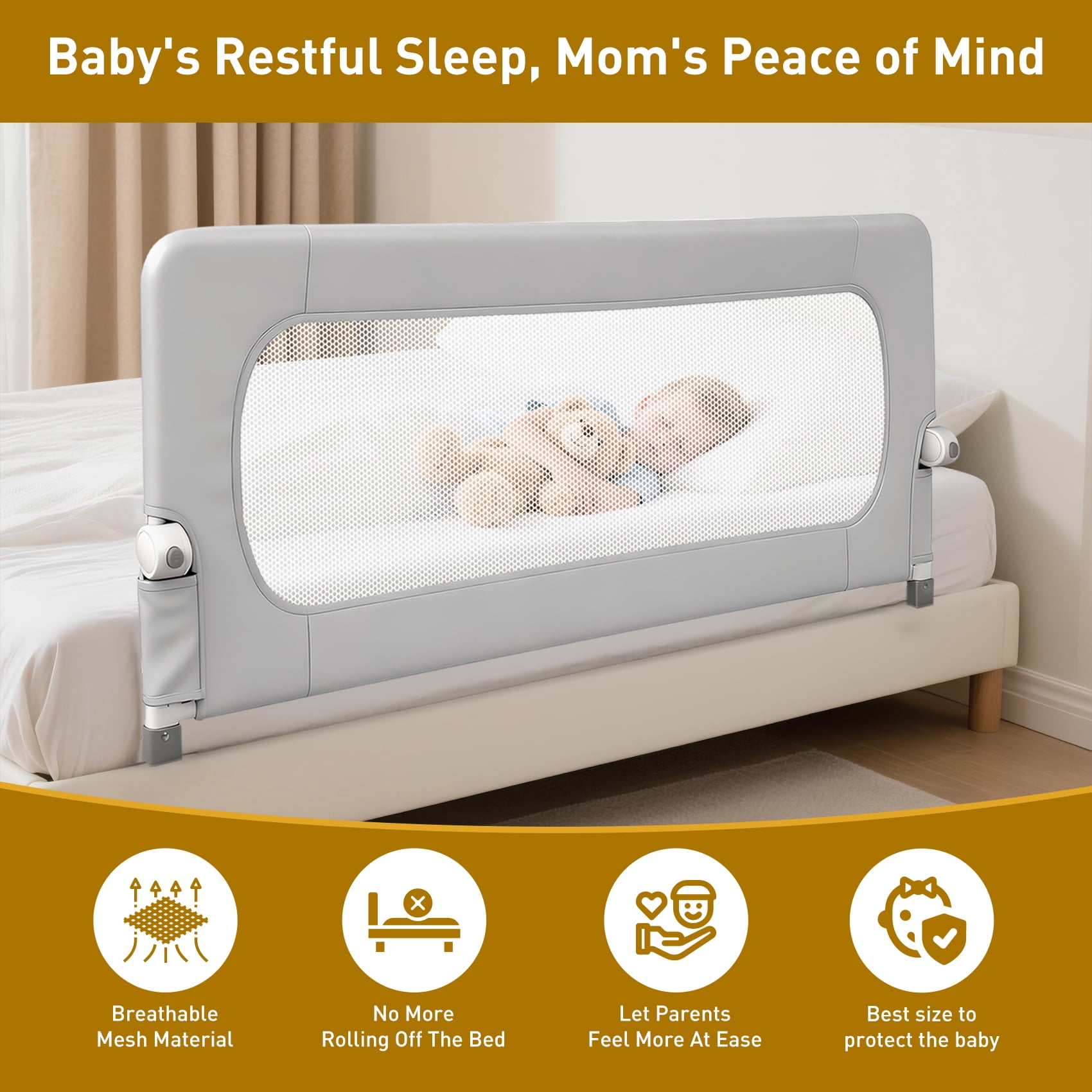 69in Baby Safety Rails Height Adjustable Bed Guardrail for Toddlers Single Piece