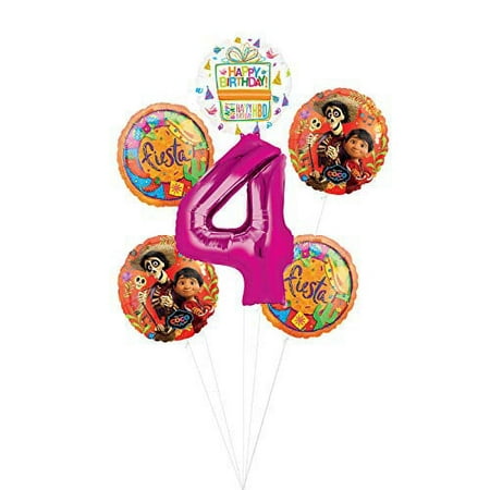 Coco Party Supplies 4th Birthday Fiesta Balloon Bouquet Decorations - Pink Number 4