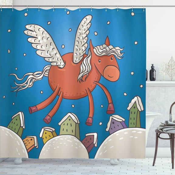 Ambesonne Snowy Shower Curtain, Horse Wings on Building, 69"Wx84"L, Dark Orange and Blue