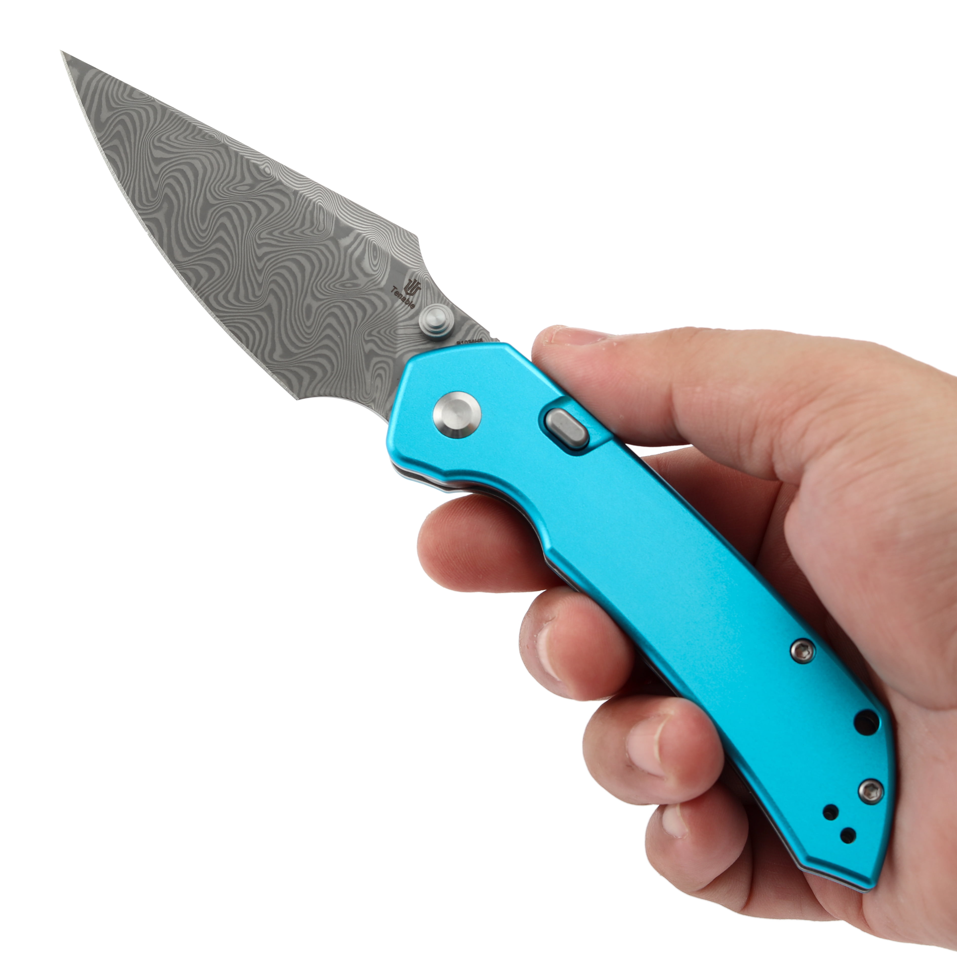 Tenable Fenrir Folding Pocket Knife 3.4“ Damascus Blade Blue Aluminum Handle B1034H8