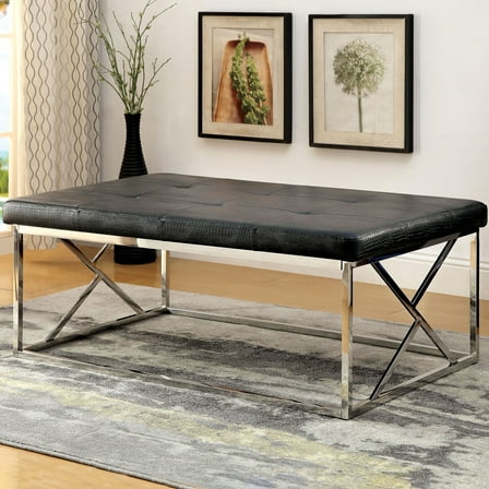 Nara Tufted Faux Leather Bench, Black and Chrome
