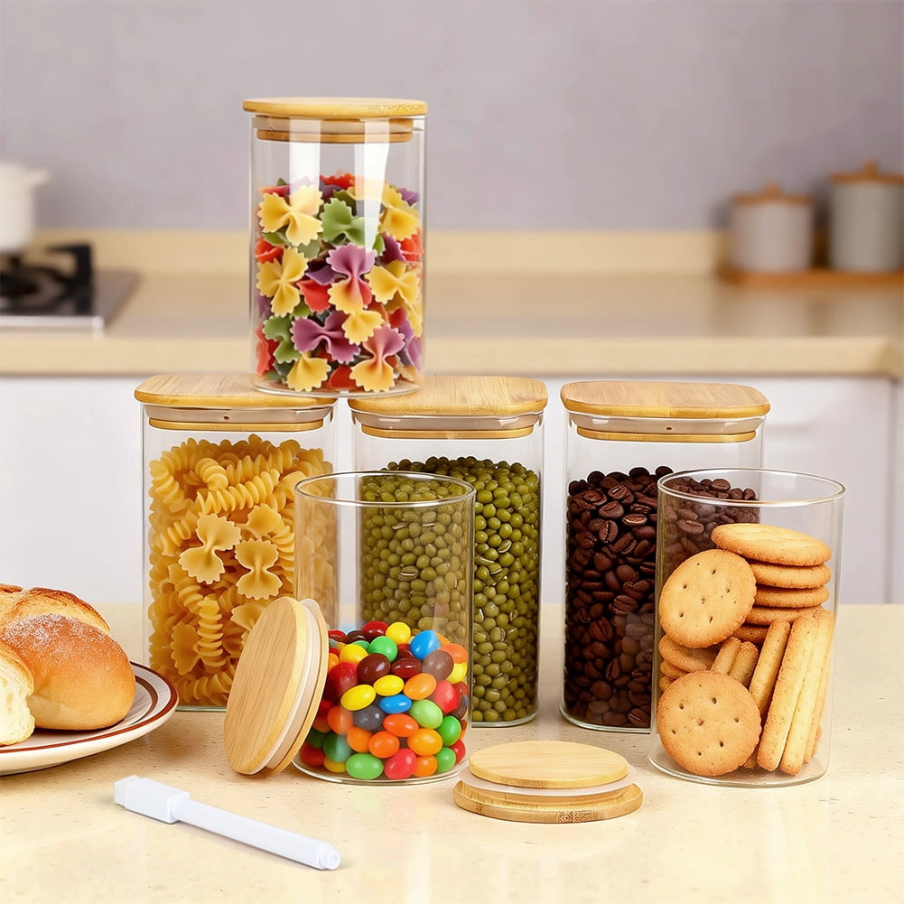 12 Pack Glass Storage Jars Set, 23oz & 37oz Clear Glass Food Storage Containers with Airtight Bamboo Lid, Stackable Kitchen Canisters for Candy, Cookie, Flour, Pasta, Nuts & Spice ( Labels + Marker)