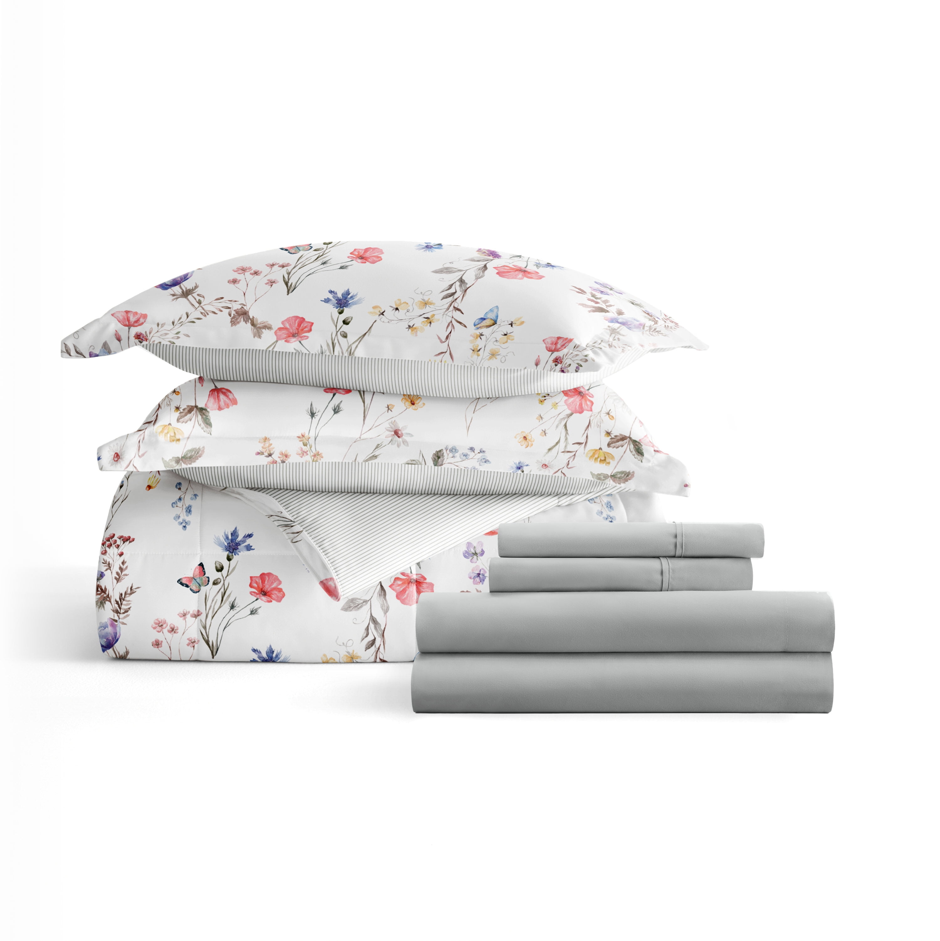 Comfort Canopy - California King Bedding Bundle, Patterned Microfiber Comforter and Solid Sheet Set in Meadow Floral Stripe Pink