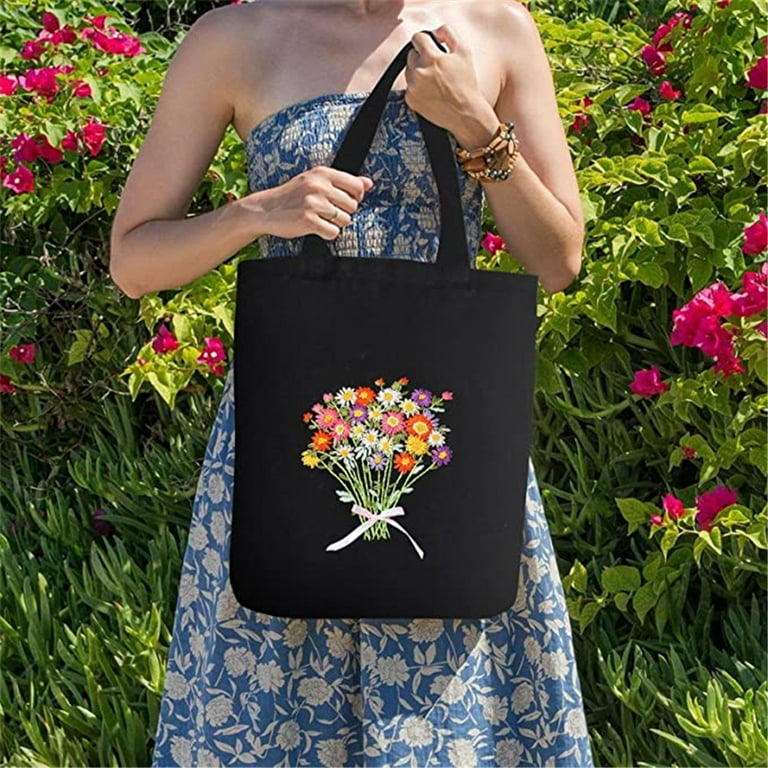  Canvas Cotton Tote Bag Embroidery Kit,Floral Flowers