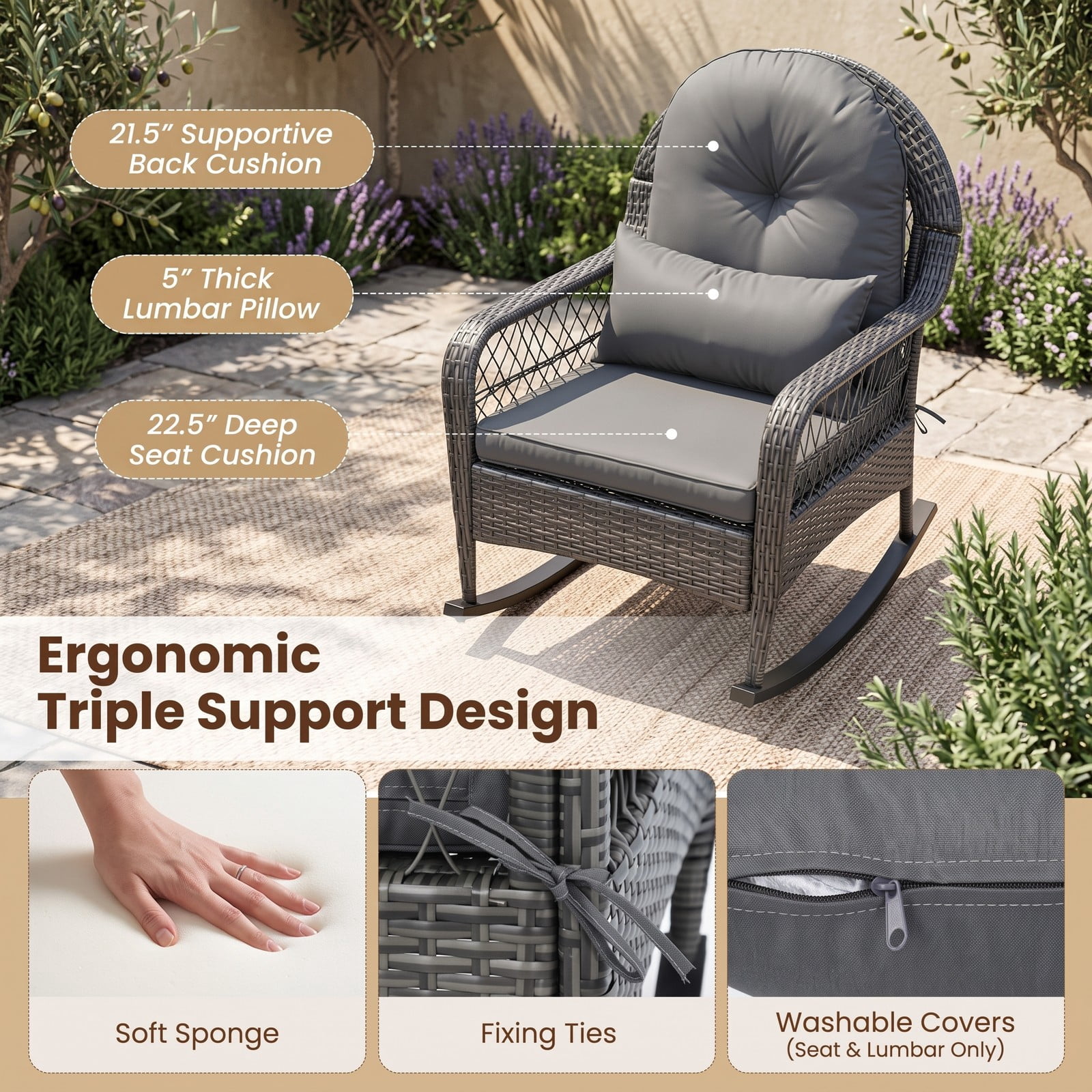 Furnibear 400 LBS Patio Rattan Rocker Chair, Outdoor Glider Rocking Chair with Anti-Tip Stoppers, Thick Seat & Lumbar Cushions, Ergonomic PE Wicker Porch Chair, Gray