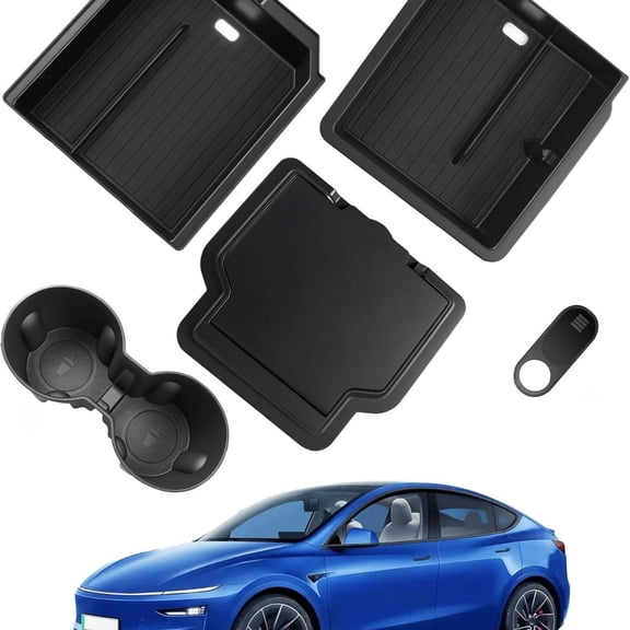 2026 Model Y Juniper Accessories 5PCS NEW Center Console Organizer Tray for Tesla 2025-2026 Model Y Juniper Storage Tray [Silent Lining,Smooth Sliding] Armrest Hidden Box Cup Holder Camera Cover