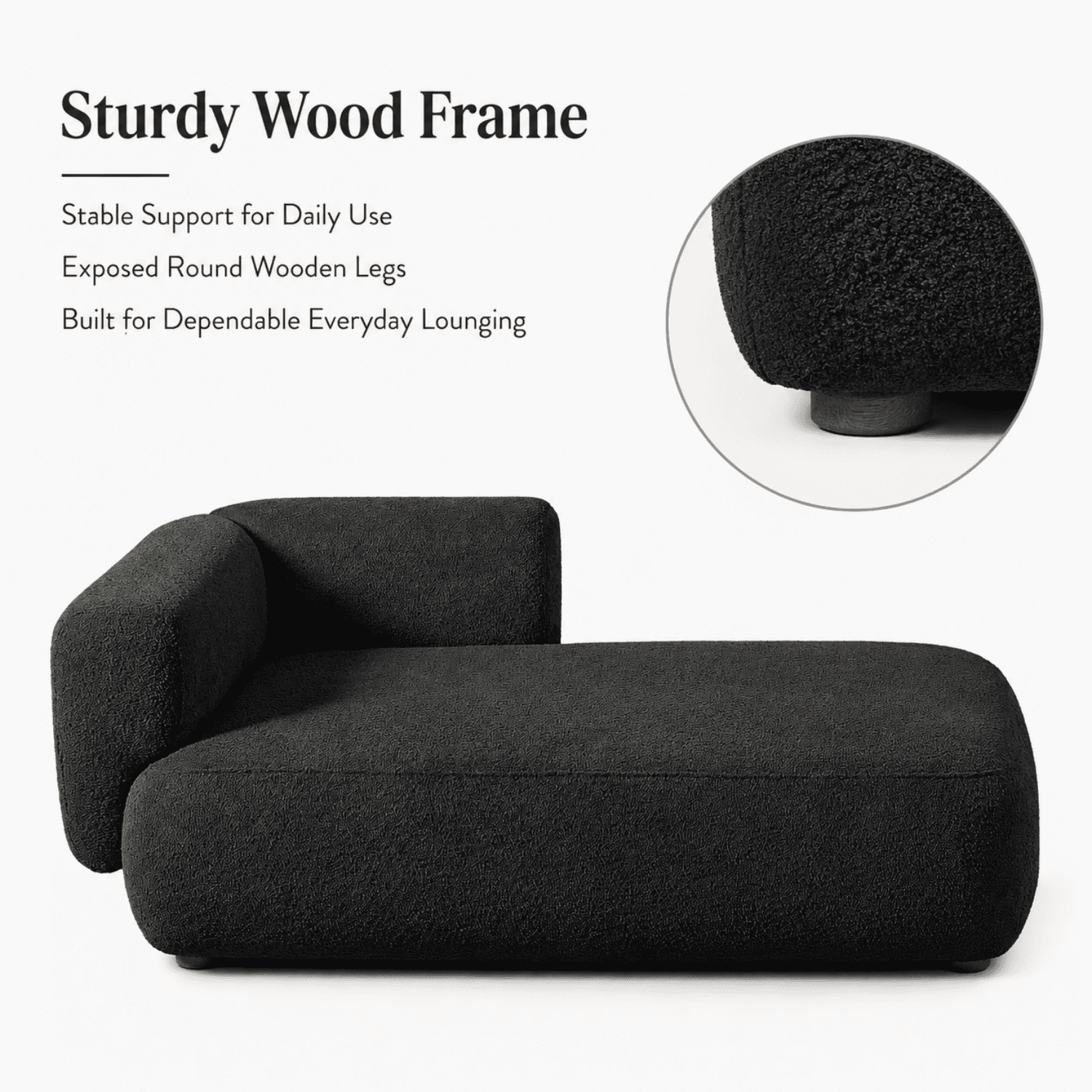 Miniyam Boucle Chaise Lounge Chair, One Arm Upholstered Chaise Sofa with Single-Sided Back and Legs for Living Room, Black
