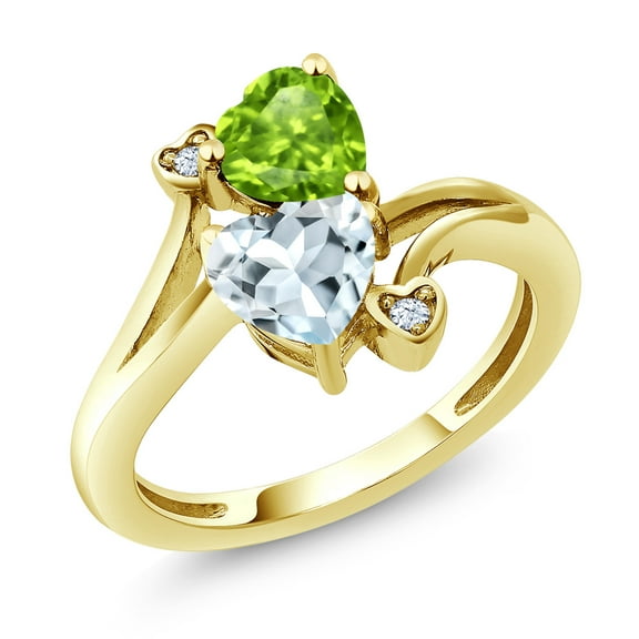 Gem Stone King 10K Yellow Gold Green Peridot and Sky Blue Aquamarine Ring for Women | 1.53 Cttw | Heart Shape 6MM | Gemstone Birthstone | Ring Size 5-9