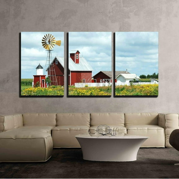 wall26 - 3 Piece Canvas Wall Art - Beautiful Scenery of Windmill, Barn, Sheds and Fence on a Cloudy Day - Modern Home Art Stretched and Framed Ready to Hang - 16"x24"x3 Panels