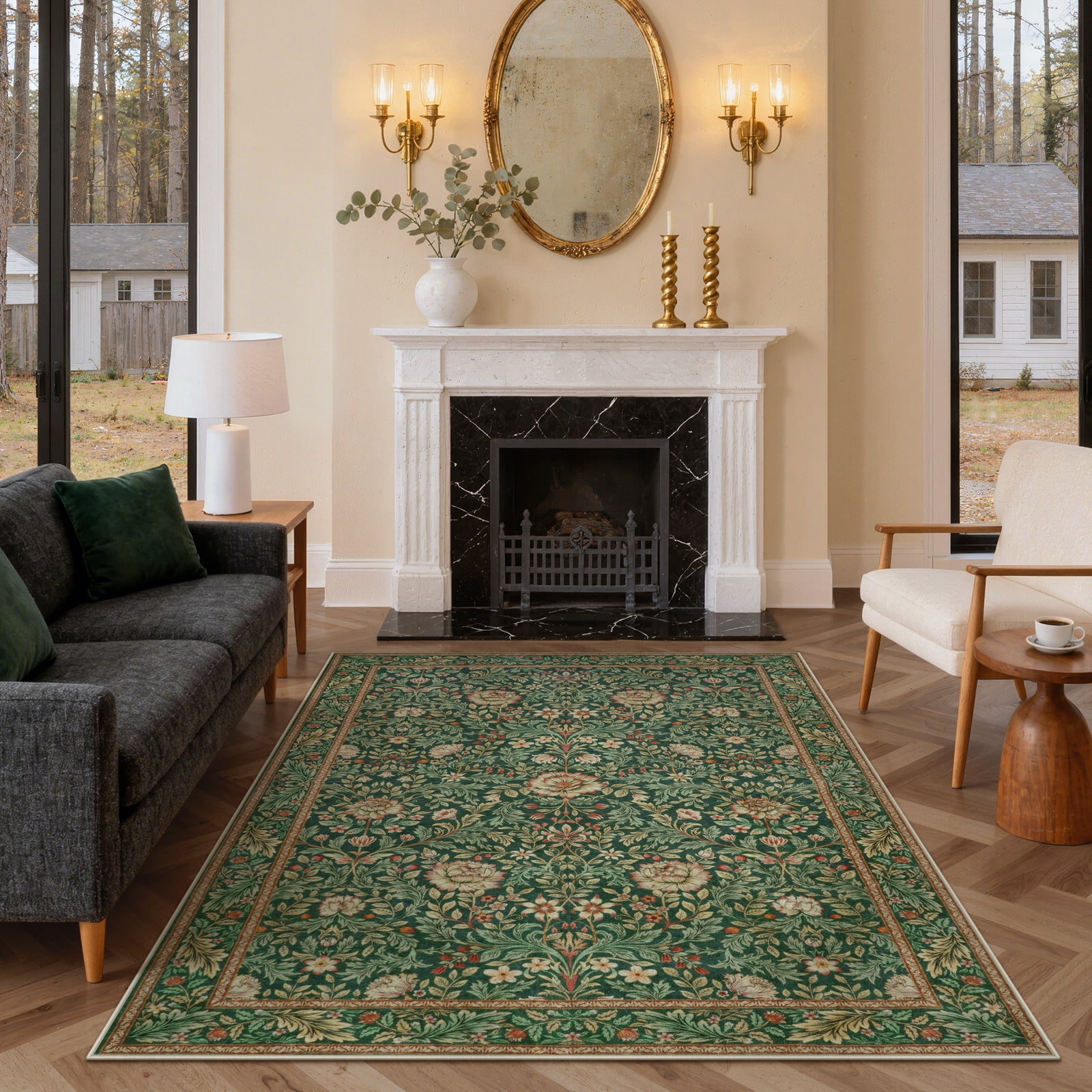Lahome Non-Slip Washable 5x7 Area Rug, Boho Botanical Low-Pile Carpet for Living Room Dining Room Bedroom and Home Office, Ultra Thin Indoor Mat in Olive Green