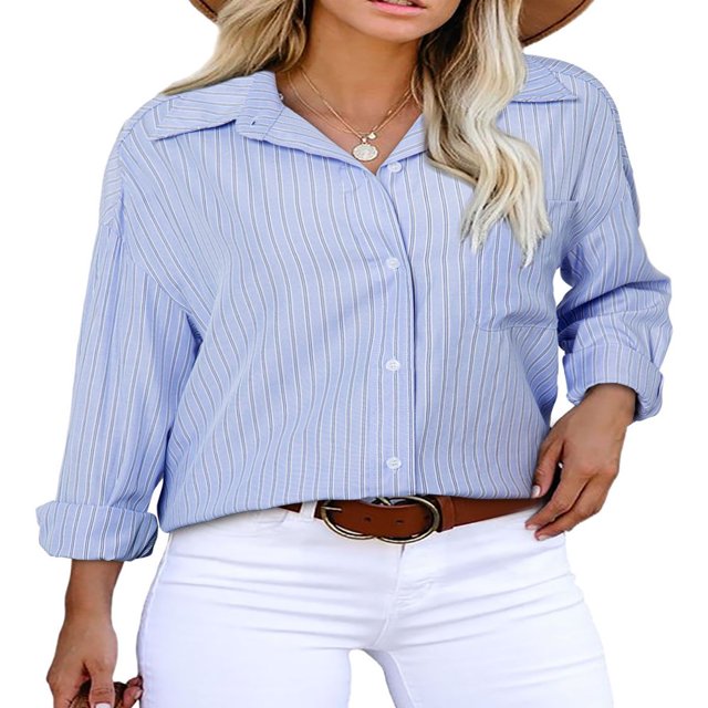 CHOK Blouse Tops pour Femmes Manches Longues Automne Rayé Imprimé Confortable Tops Chemises Décontractées Col Rabattu Léger Blouses avec Poches Bleu Ciel G