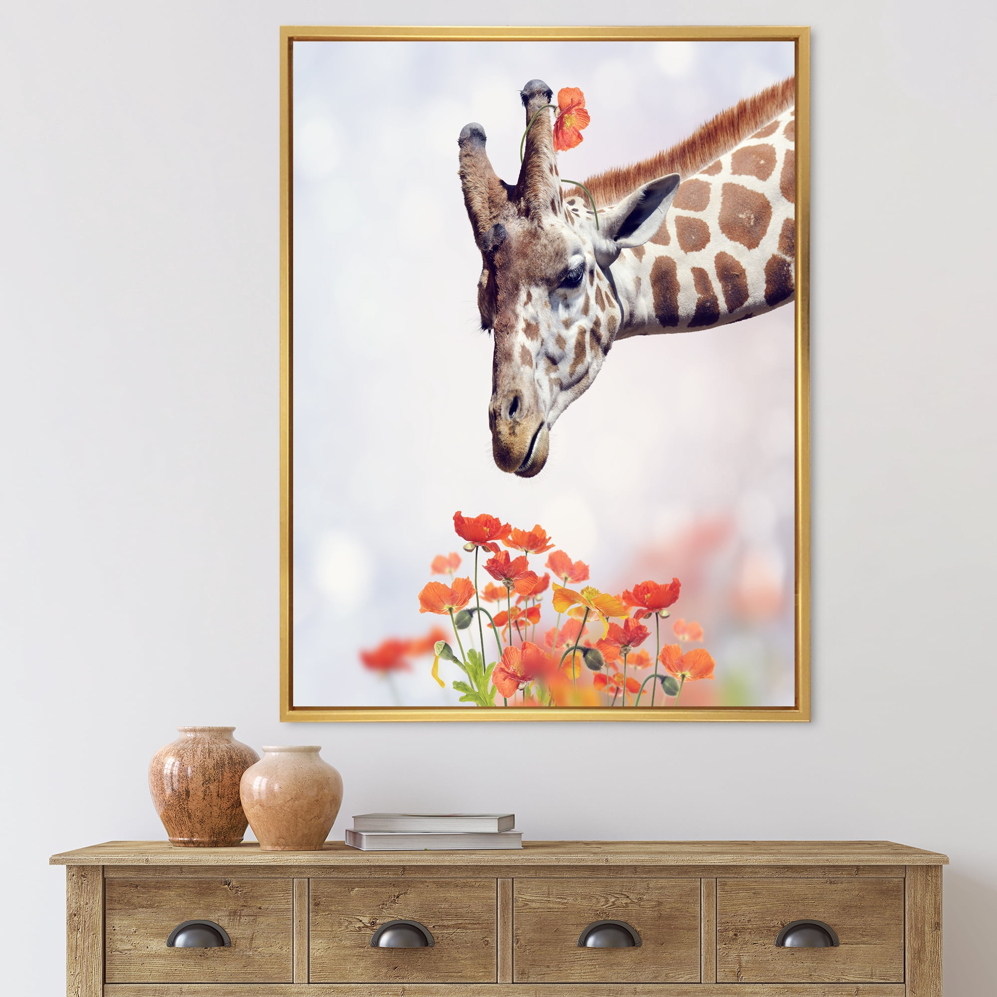 Designart 'Portrait of A Giraffe With Orange Flowers' Farmhouse Framed Canvas Wall Art Print