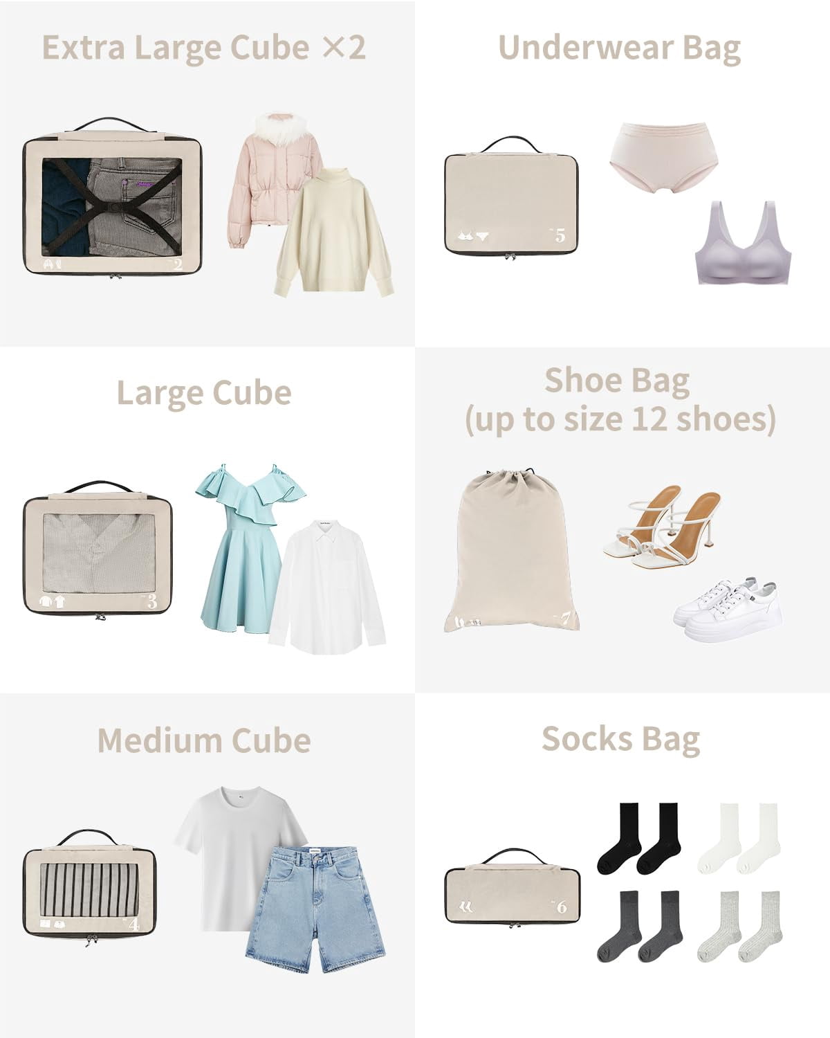 7 Pcs Packing Cubes for Travel Organizer Tear-Resistant with Number Icon Handle Storage Bags for Carry on Bag for Clothes Shoes, Beige