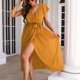 thumbnail image 3 of Vestido largo para mujer, cuello en V, cinturón, manga con volantes, envoltura lateral, vestido con dobladillo ancho de color puro para damas y niñas, amarillo S, 3 of 7