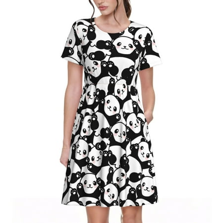 Balery Seamless Pattern Cute Panda Pattern Womens Dresses Loose Short sleeve Sundresses Swimsuit Coverup 2025 Summer Casual Dress for Women - A-Line Swing Dress