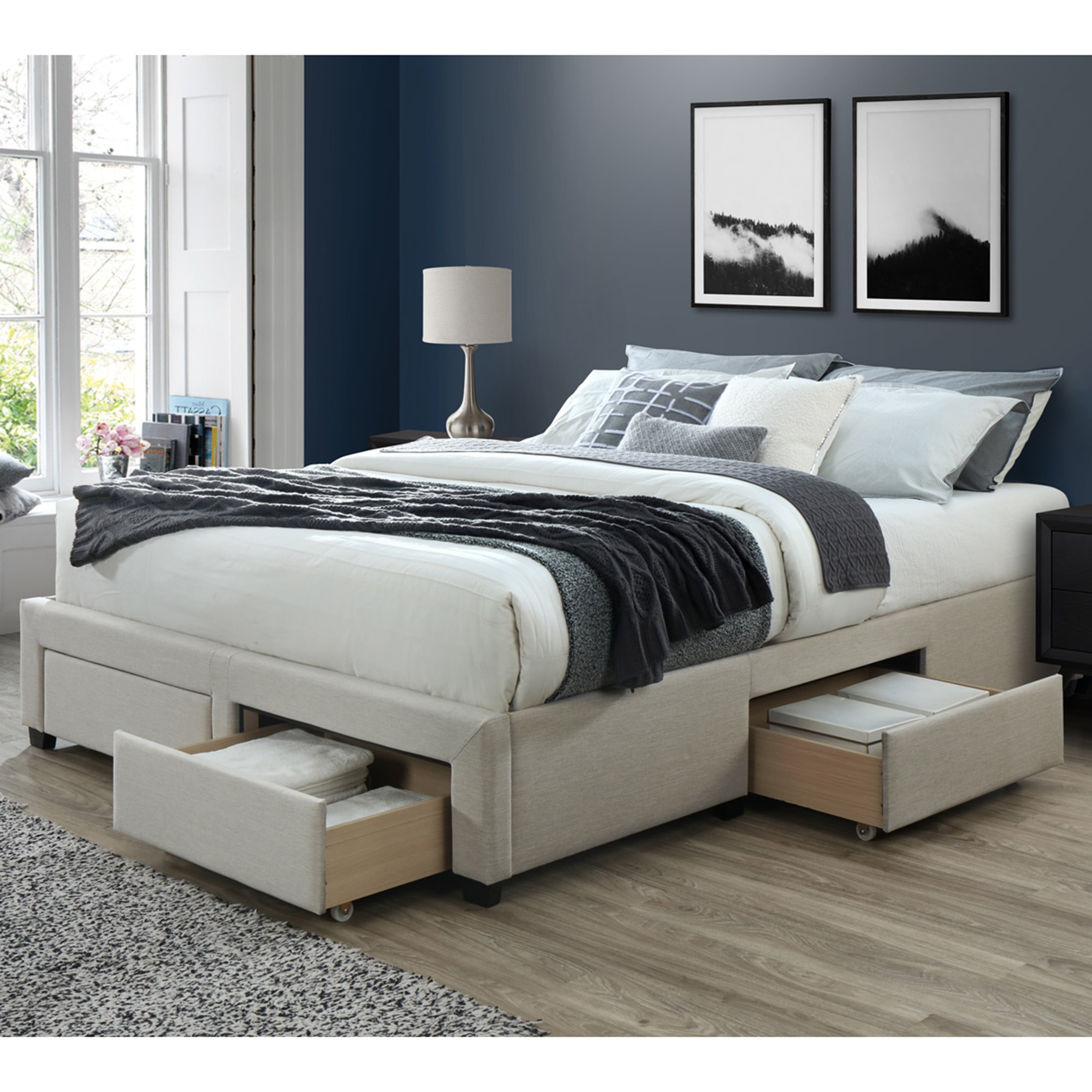 Buy Dg Casa Cosmo Upholstered Platform Bed Frame Base With Storage Drawers Queen Size In Beige